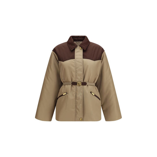 Overcoat by Versace for women in nylon twill beige presents a luxurious silhouette, showcasing a luxurious and sophisticated pockets & insulated for a premium, luxurious look.