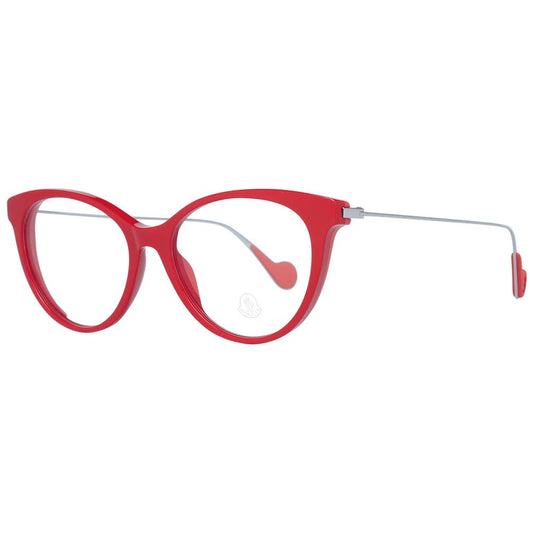 Eyeglasses Frames by Moncler for women in plastic red features an refined silhouette, showcasing the refined red coloured frame and sophisticated full-frame frame design.