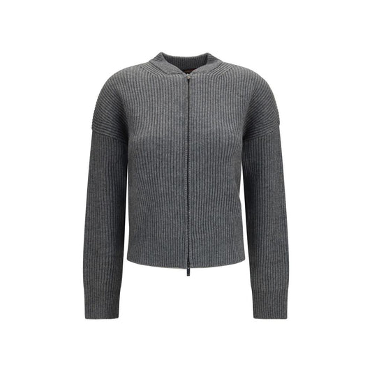 Cardigan by Max Mara for women in cashmere & merino wool gray presents a textural silhouette, artfully finished with a textural high-neck neckline and long-sleeve for a sophisticated, textural look.