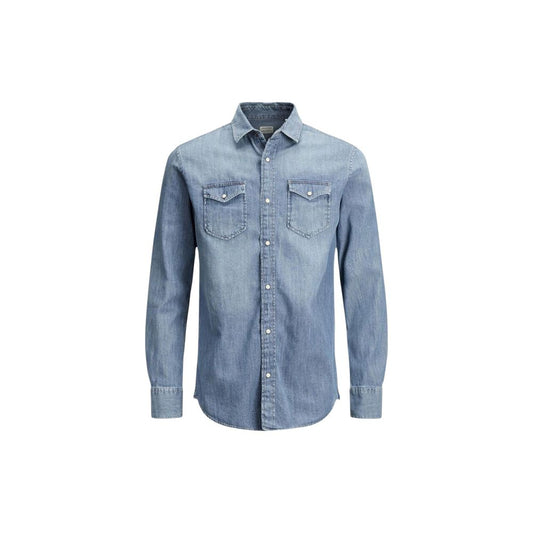 Shirt by Jack Jones for men in stretch denim cotton blue showcases a sleek silhouette, elegantly detailed with a sleek and for a sleek finish.