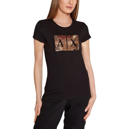 T-Shirt by Armani Exchange for women in cotton sequins black & natural showcases a unassuming silhouette, artfully detailed with a refined and unassuming for a sophisticated, contemporary look.