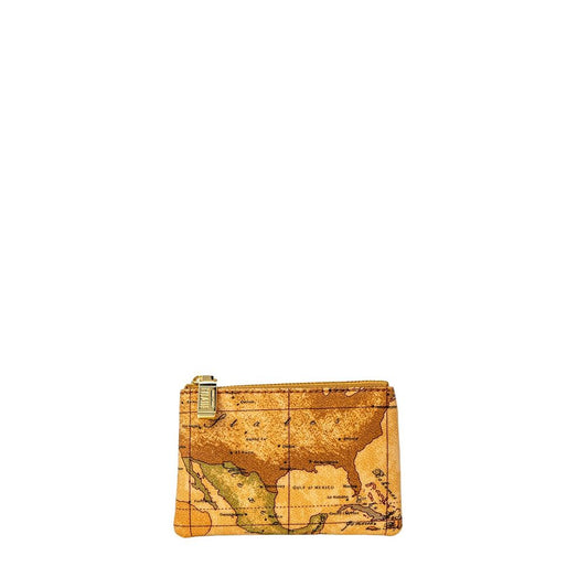 Small Pouch Clutch Handbag by Alviero Martini Prima Classe for women in leather & metal beige & print features an sculptural silhouette, showcasing a secure zipper and sculptural with versatile for a sophisticated look.