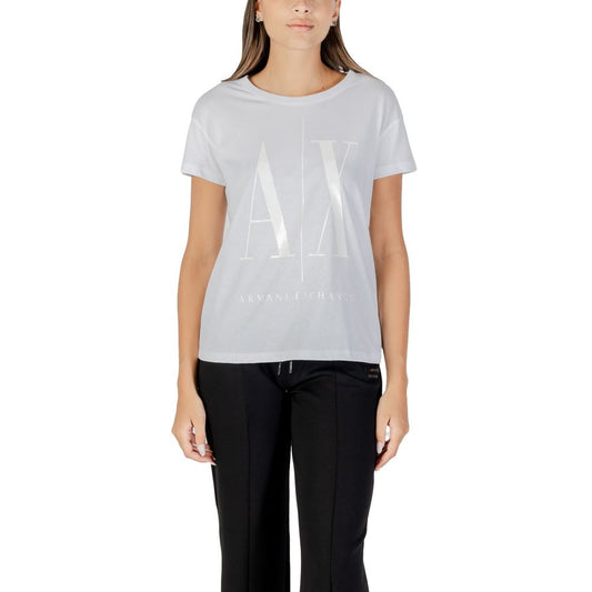 T-Shirt by Armani Exchange for women in cotton white & print showcases a fashionable silhouette, elegantly detailed with a fashionable and for a sophisticated, high-fashion look.