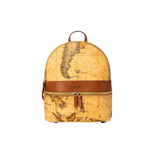 Compact Backpack by Alviero Martini Prima Classe for women in leather beige & print features a utilitarian chic Leather Compact Backpack design with a secure zipper, ample external-pockets, and versatile handle, backpack-strap & adjustable-strap for a utilitarian chic finish.