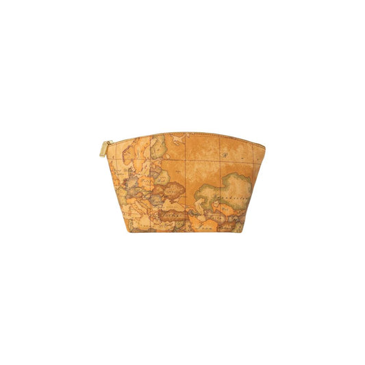 Small Pouch Clutch Handbag by Alviero Martini Prima Classe for women in polyurethane leather & cotton beige, patterned, signature & print showcases a sculptural silhouette, featuring a secure zipper, ample , and versatile for a sculptural aesthetic.