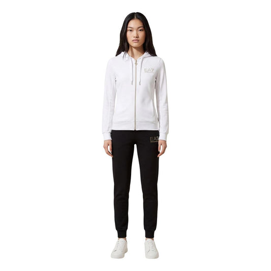 Hooded Track Jacket by EA7 Emporio Armani for women in stretch viscose polyester black & white features a versatile silhouette, showcasing a versatile hooded neckline and detailed with performance-driven .