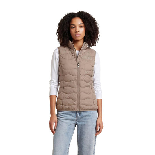 Vest by EA7 Emporio Armani for women in polyester beige showcases a utilitarian silhouette, artfully incorporating thermal & lightweight and a utilitarian for a truly utilitarian finish.