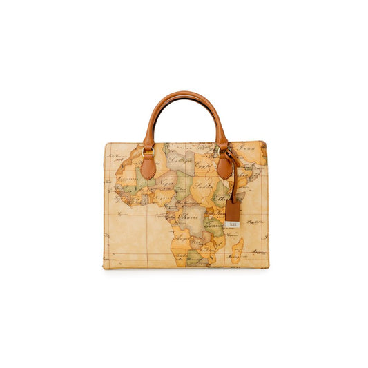 This Large Travel Tote Handbag by Alviero Martini Prima Classe for women in polyester polyurethane leather & cotton and beige, patterned & signature presents a sculptural silhouette featuring a secure , ample , and versatile handle for a sculptural finish.