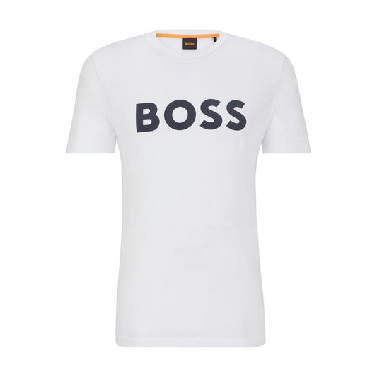 T-Shirt by Hugo Boss for men in cotton white showcases a fashionable silhouette, elegantly detailed with a fashionable and for a sophisticated, high-fashion look.