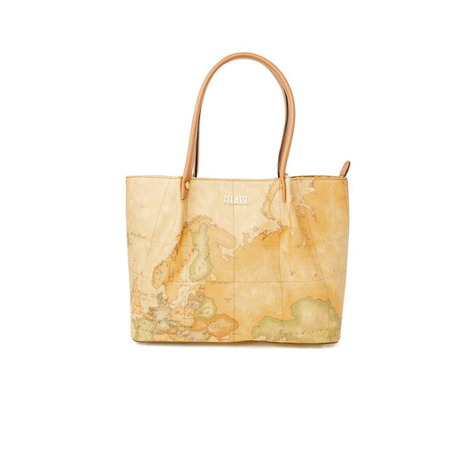 Large Handbag by Alviero Martini Prima Classe for women in synthetic leather beige, signature & print features a contemporary silhouette, showcasing a secure zipper, ample , and contemporary handle for a sophisticated look.