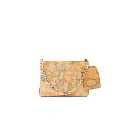 This Small Evening Handbag by Alviero Martini Prima Classe for women in synthetic leather and beige, signature & print presents a sculptural silhouette featuring a secure zipper, ample , and versatile shoulder-strap & handle for a sculptural finish.