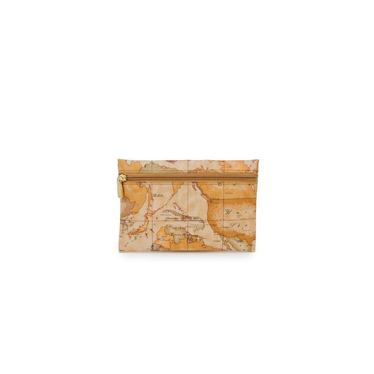 Quilted Pouch Clutch Handbag by Alviero Martini Prima Classe for women in polyester polyurethane leather & cotton beige & gold features a sculptural silhouette with a secure zipper, organized , and versatile for a sculptural finish.