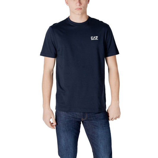 Activewear T-Shirt by EA7 Emporio Armani for men in cotton blue features a versatile silhouette, showcasing a versatile and short-sleeve detailed with high-performance for a premium look.