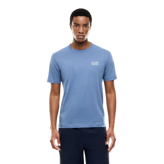 Activewear T-Shirt by EA7 Emporio Armani for men in cotton blue features a dynamic silhouette with short-sleeve and enhanced by functional .