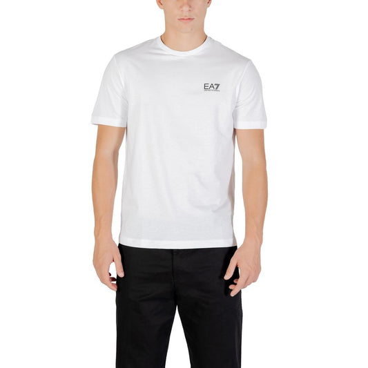Activewear T-Shirt by EA7 Emporio Armani for men in cotton white features a dynamic silhouette with short-sleeve and enhanced by functional .