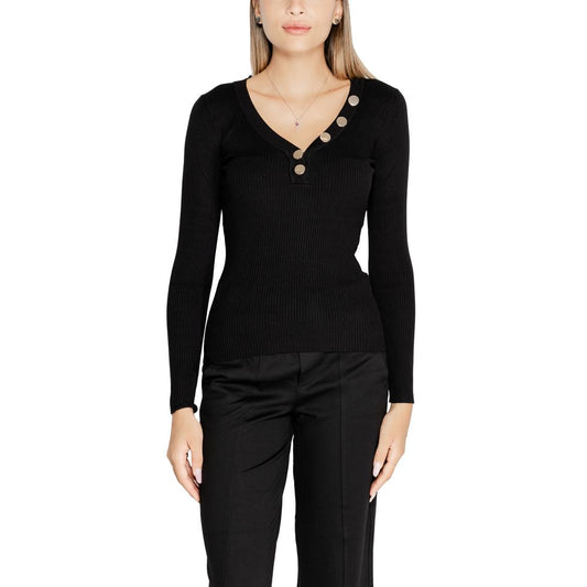 Sweatshirt by Morgan De Toi for women in polyamide viscose black features an provocated silhouette, detailed with a provocated long-sleeve and a refined v-neck neckline for a sophisticated aesthetic.
