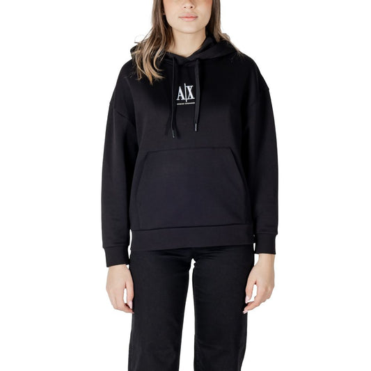 Sweatshirt Hoodie by Armani Exchange for women in stretch polyester cotton black features a slouchy chic silhouette, detailed with a slouchy chic and a signature hooded neckline for an elevated aesthetic.