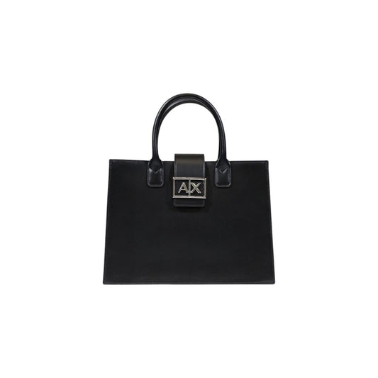 Flap Satchel Handbag by Armani Exchange for women in polyester black & gold features a signature silhouette, showcasing a secure flap & buckle and signature with versatile shoulder-strap, adjustable-strap & handle for a sophisticated look.