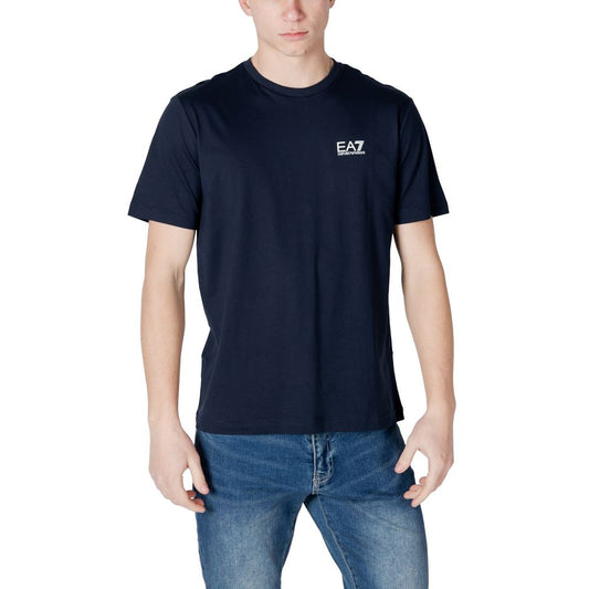 T-Shirt by EA7 Emporio Armani for men in cotton blue showcases a fashionable silhouette, elegantly detailed with a fashionable and for a sophisticated, high-fashion look.