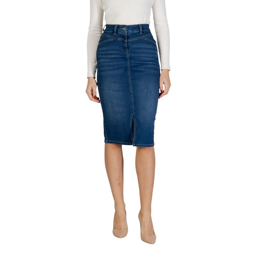 Skirt by Morgan De Toi for women in stretch polyester cotton blue showcases a dramatic silhouette, artfully capturing the essence of the Women's Layered Tailored Stretch Polyester Cotton Long Skirt in a dramatic long cut for a refined look.