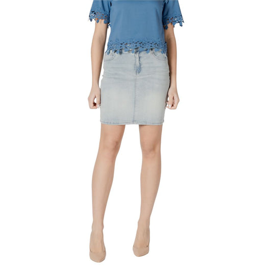 Skirt by Morgan De Toi for women in stretch polyester cotton blue features an relaxed-yet-refined silhouette that elegantly showcases the Women's Stretch Polyester Cotton Mini Skirt design and sophisticated mini.