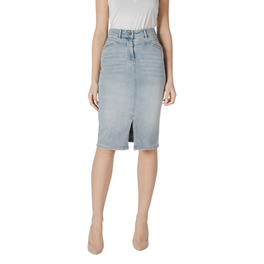 Skirt by Morgan De Toi for women in stretch polyester cotton blue showcases a sultry silhouette, elegantly defined by its long and the sophisticated sultry design of the Women's Tailored Stretch Polyester Cotton Long Skirt.