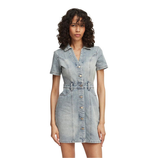 Dress by Morgan De Toi for women in cotton polyester blue showcases a striking silhouette, elegantly detailed with a short-sleeve, refined , and a striking midi short for a striking finish.