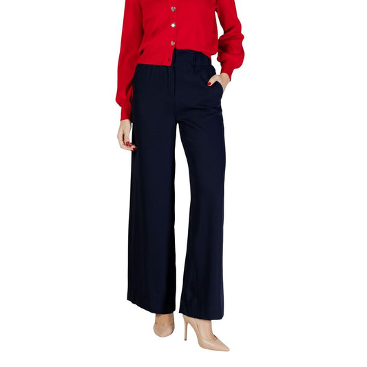 Palazzo Pants by Morgan De Toi for women in polyester blue presents a refined pantology silhouette, artfully defined by a refined pantology wide, long, and a sophisticated high rise.