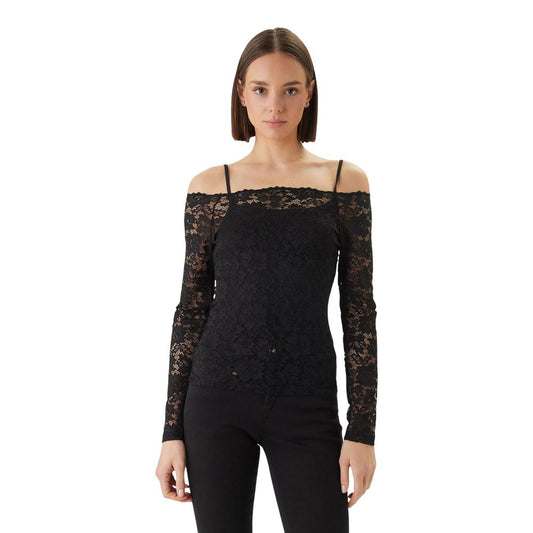 T-Shirt by Morgan De Toi for women in stretch polyamide & lace black, transparent & floral features a plush silhouette, showcasing a sophisticated round neckline and long-sleeve for a truly plush finish.
