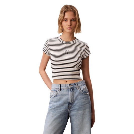 T-Shirt by Calvin Klein Jeans for women in stretch cotton black, patterned & striped showcases a chic silhouette, artfully detailed with a chic crew neckline and for a chic finish.