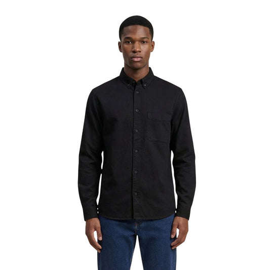 Shirt by Only & Sons for men in denim cotton black showcases a sharp silhouette, elegantly detailed with a sharp button-down-collar neckline and sharp long-sleeve.