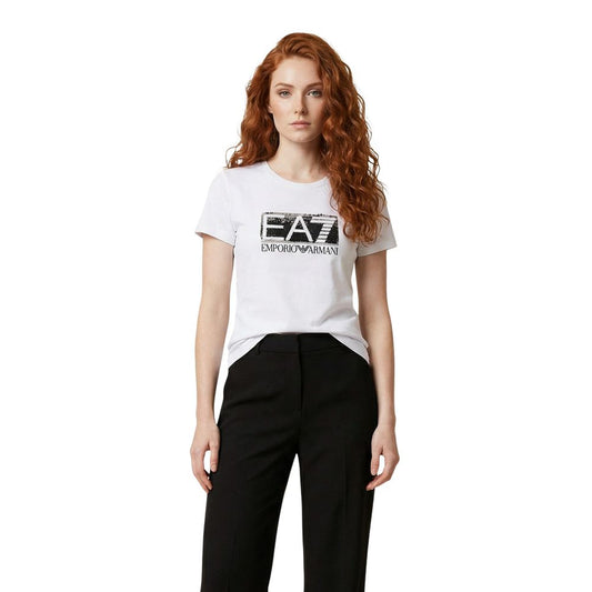 EA7 Emporio Armani Women's Regular Fit Crew Neck Stretch Cotton T-Shirt - White Print