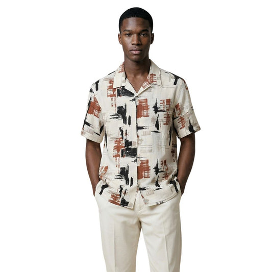 Shirt by Antony Morato for men in linen & viscose beige, signature & print features an polished silhouette, showcasing a sophisticated cuban-collar neckline and short-sleeve detail for a truly polished finish.