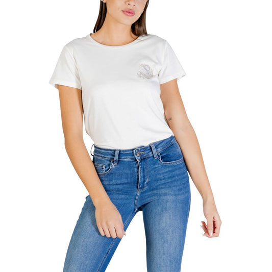 T-Shirt by Liu Jo for women in cotton cream showcases a unassuming silhouette, artfully detailed with a refined and unassuming short-sleeve for a sophisticated, contemporary look.