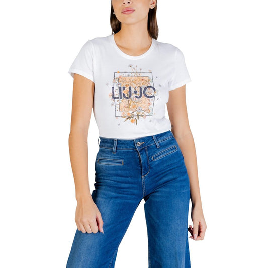 T-Shirt by Liu Jo for women in cotton white, floral & print showcases a fashionable silhouette, elegantly detailed with a fashionable short-sleeve and for a sophisticated, high-fashion look.