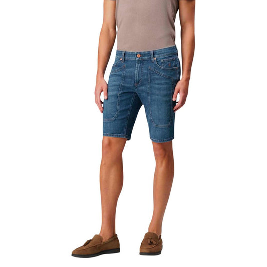 Bermuda Shorts by Jeckerson for men in stretch polyester cotton blue & signature presents a contemporary silhouette, showcasing a contemporary relaxed-fit & slim with a refined short and elegant .