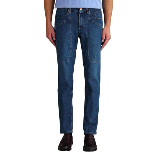 Jeans by Jeckerson for men in stretch denim cotton polyester blue & signature features an sartorial skinny & slim and long with a cut for a sartorial finish.