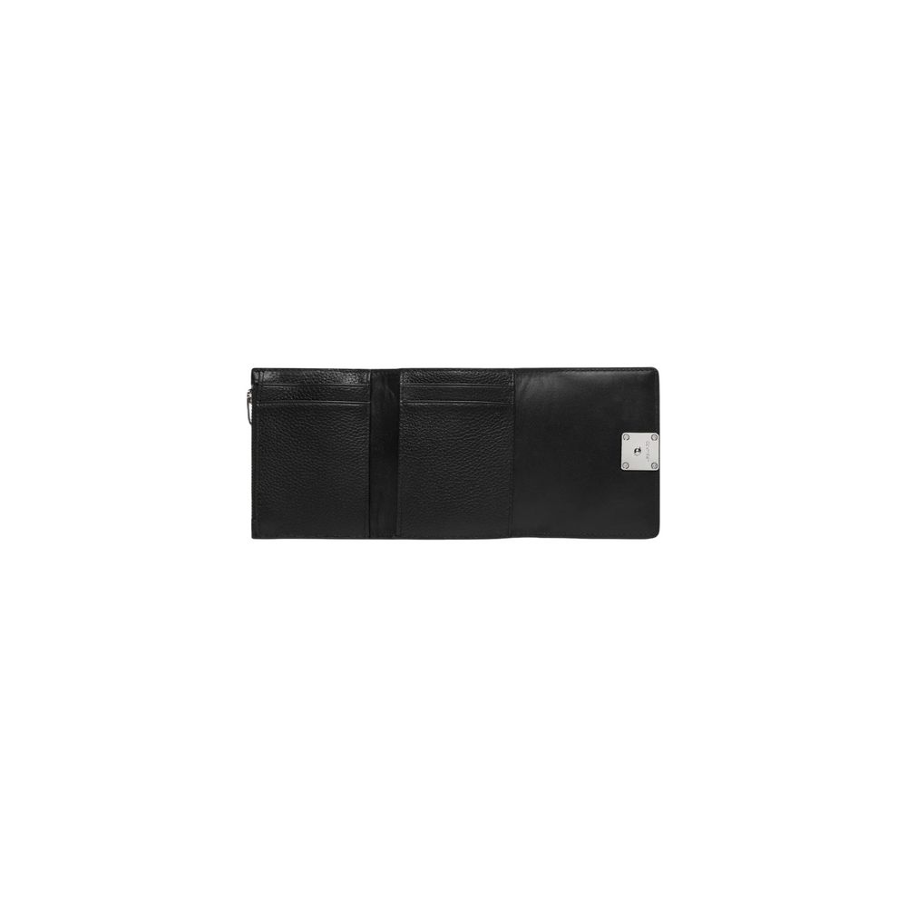 Wallet by Calvin Klein for women in pebbled leather black & signature presents a streamlined silhouette, showcasing the sophisticated design of the Pebbled Leather Wallet collection with functional compact-design trifold coin-purse.