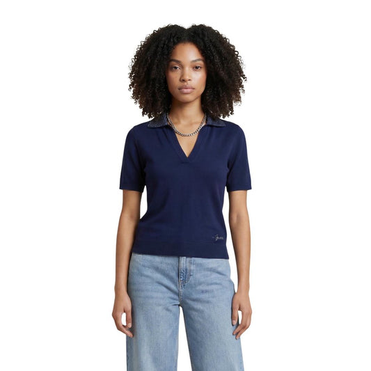 Guess Women's Regular Fit V Neck Wool & Rhinestone Polo Shirt - Blue