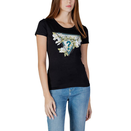 T-Shirt by Guess for women in stretch cotton & rhinestone black & floral showcases a unassuming silhouette, artfully detailed with a refined crew neckline and unassuming for a sophisticated, contemporary look.