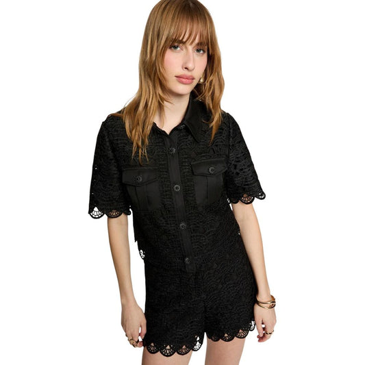 Blouse by Morgan De Toi for women in stretch polyester & lace black & patterned features an architectural silhouette with a refined short-sleeve and elegant for a architectural look.