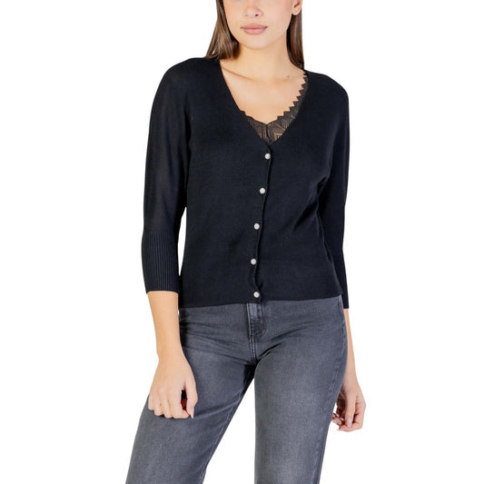 Cardigan by Morgan De Toi for women in wool polyester & polyamide black showcases a captivating silhouette, artfully detailed with a captivating three-quarter-sleeve and v-neck neckline for a truly sophisticated captivating look.