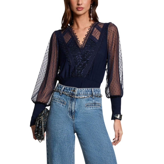 T-Shirt by Morgan De Toi for women in stretch polyester tulle & lace blue & dots showcases a chic silhouette, artfully detailed with a chic v-neck neckline and long-sleeve for a chic finish.