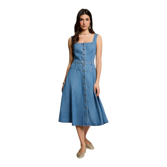 Dress by Morgan De Toi for women in lyocell & cotton light-blue features a dramatic silhouette, showcasing an elegant square neckline and that flows into a dramatic long.