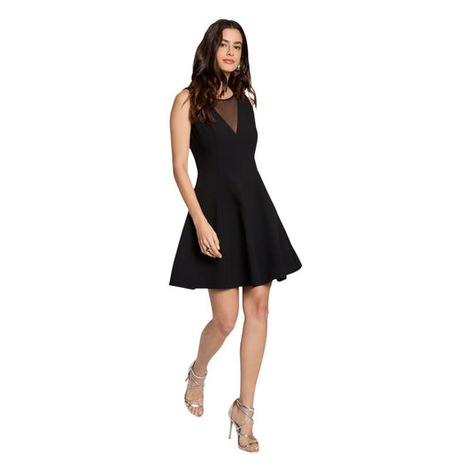 Dress by Morgan De Toi for women in stretch polyester & viscose black features an sultry silhouette defined by a v-neck neckline and sleeveless, falling to an sultry midi for a sultry look.