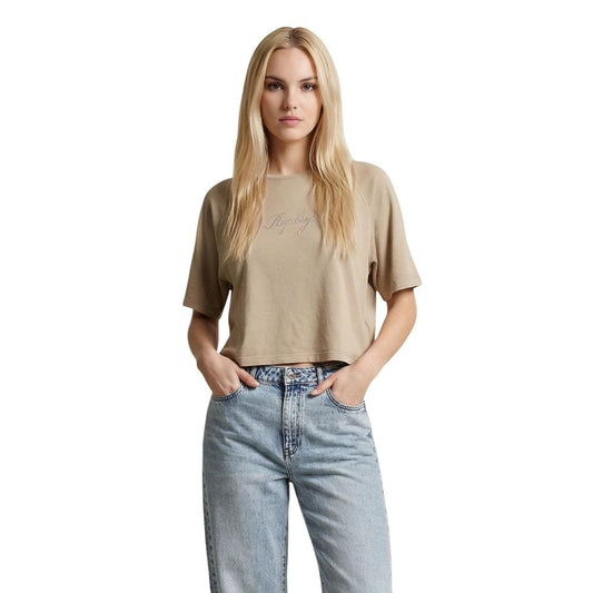 T-Shirt by Replay for women in cotton beige showcases a dramatic silhouette, elegantly detailed with a dramatic and short-sleeve for a truly dramatic finish.