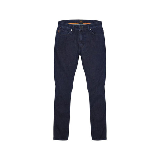 Jeans by Hugo Boss for men in stretch denim cotton blue features a polished silhouette with a polished skinny & slim, reaching a polished long and finished with a polished .