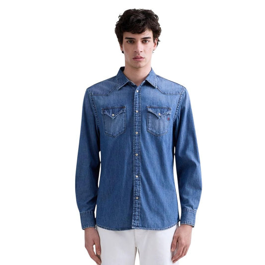 Shirt by Replay for men in denim cotton blue, featuring a nuanced and nuanced for a sophisticated finish.