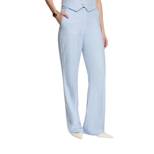 Trousers by Morgan De Toi for women in stretch polyester & viscose blue features a tailored silhouette with a tailored straight & flared, defined by its long and a sophisticated .
