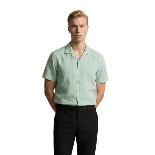Shirt by Gianni Lupo for men in linen green features an polished silhouette, showcasing a sophisticated and short-sleeve detail for a truly polished finish.